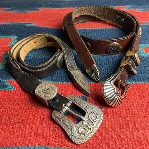 VTG Tony Lama Style Black Brown Western Leather Belt Silver Buckle Women’s S/M 2